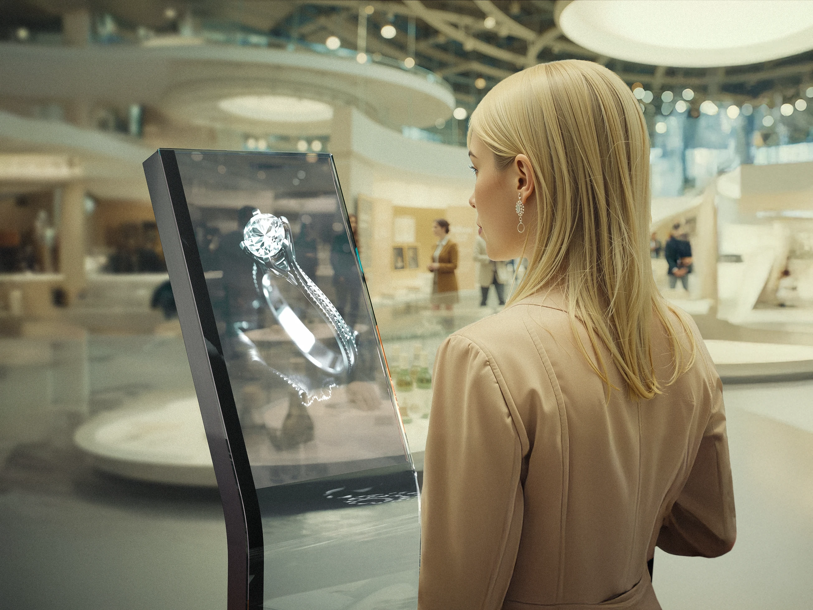 transparent-oled-media-totem-CrystalKiosk-woman-jewlery-store
