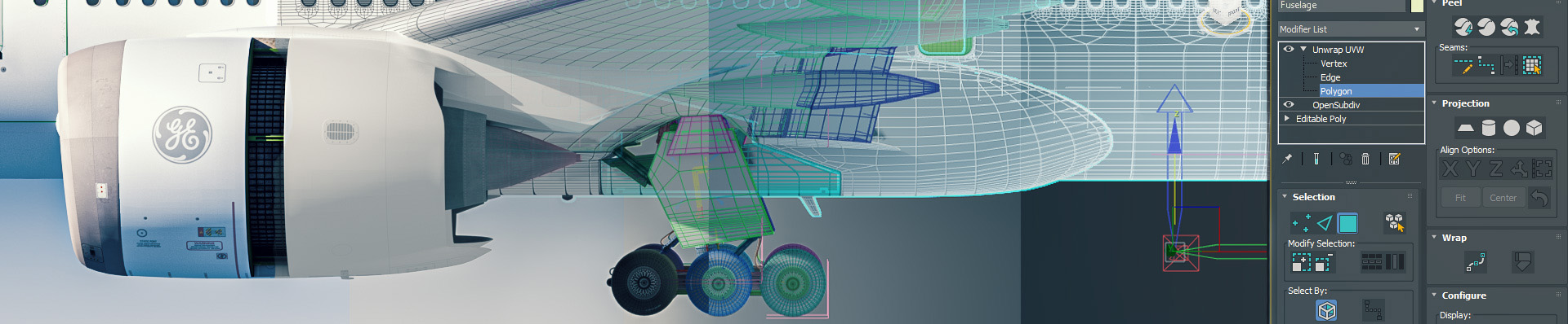 CloseUp Seitenansicht eines Flugzeug-Renderings, welches nach rechts hin in eine Wireframe Darstellung übergeht.