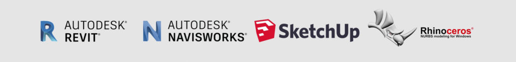 Logos der CAD und BIM Softwareprogramme Autodesk Revit, Autodesk Navisworks, SketchUp und Rhinoceros
