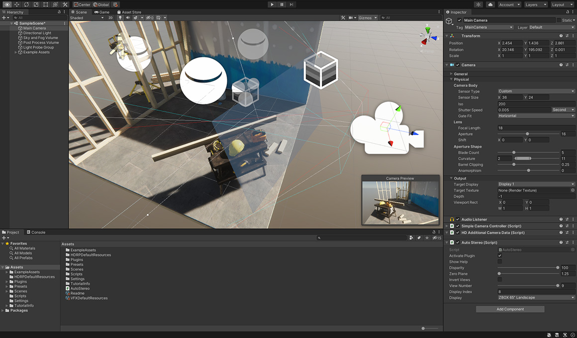 Screenshot der Software-Oberfläche von unity pro mit Demo-Szene und dem 3D-Kamera-Plugin "unity CREATOR" von United Screens