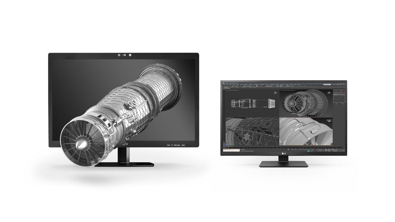 Ein 2D- und ein brillenfreies ZVIEW-28-3D-Display nebeneinander, das eine CAD-Turbine zeigt, die aus dem 3D-Display herausragt.